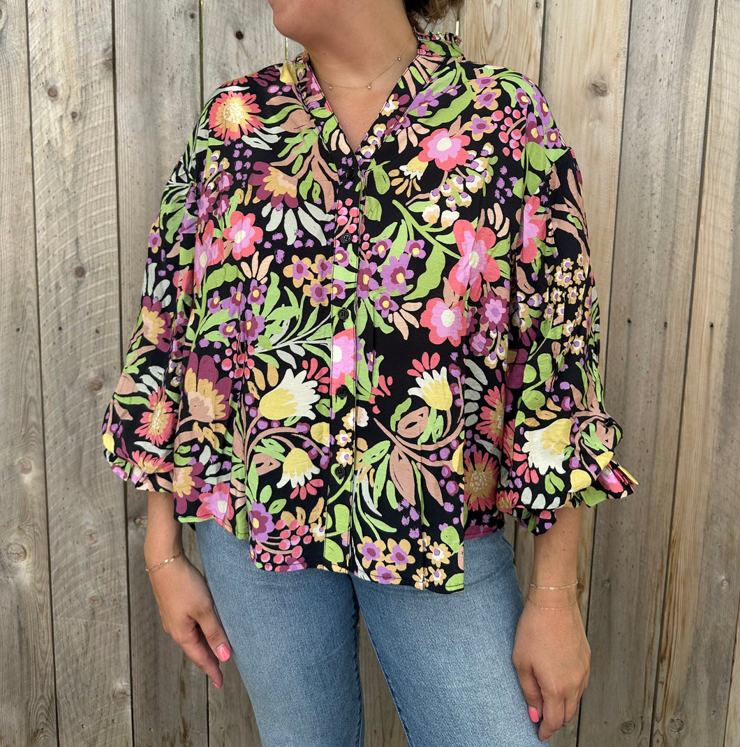 Floral Black Bubble Sleeve Top