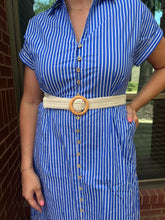 Load image into Gallery viewer, Blue Stripe Belted Midi Dress
