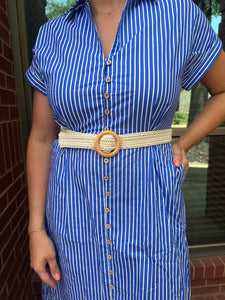 Blue Stripe Belted Midi Dress