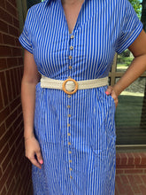 Load image into Gallery viewer, Blue Stripe Belted Midi Dress
