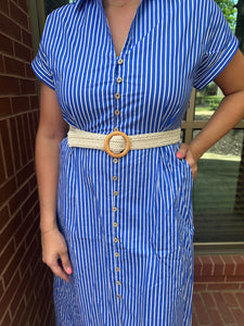 Blue Stripe Belted Midi Dress