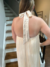 Load image into Gallery viewer, Champagne Pleated Satin Halter Dress
