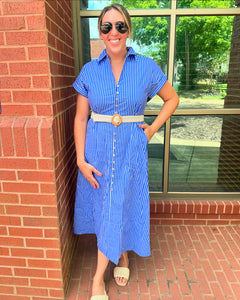 Blue Stripe Belted Midi Dress