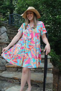 Pink Abstract Tiered Dress