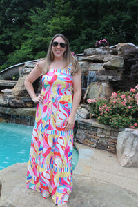 Abstract Print Trim Striped Maxi Dress