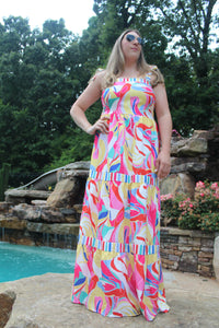 Abstract Print Trim Striped Maxi Dress