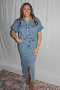 Front Slit Denim Midi Dress