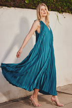 Load image into Gallery viewer, Mediterranean Blue Satin Pleated Maxi Dress
