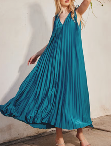 Mediterranean Blue Satin Pleated Maxi Dress