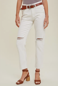 White Denim Ripped Straight Jeans