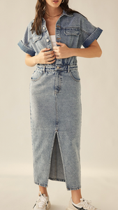 Front Slit Denim Midi Dress