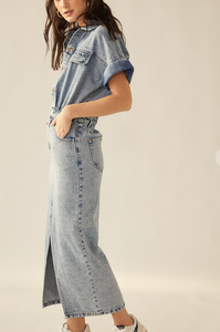 Front Slit Denim Midi Dress