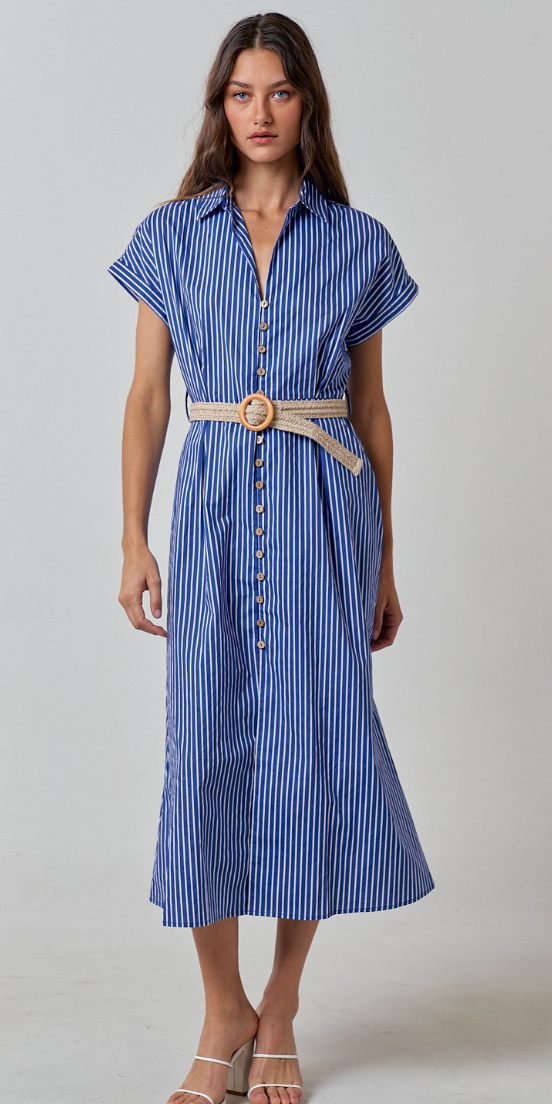 Blue Stripe Belted Midi Dress