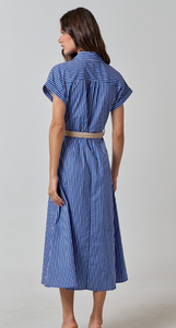 Blue Stripe Belted Midi Dress