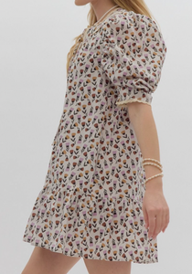 Almond Scallop Trim Puff Sleeve Dress