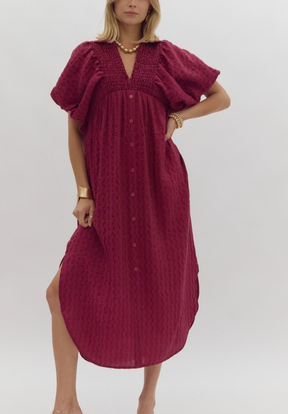 Plum Textured Puff Sleeve Dress