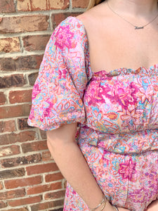 Pink Floral Square Neck Midi Dress