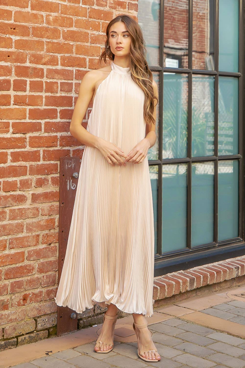 Champagne Pleated Satin Halter Dress