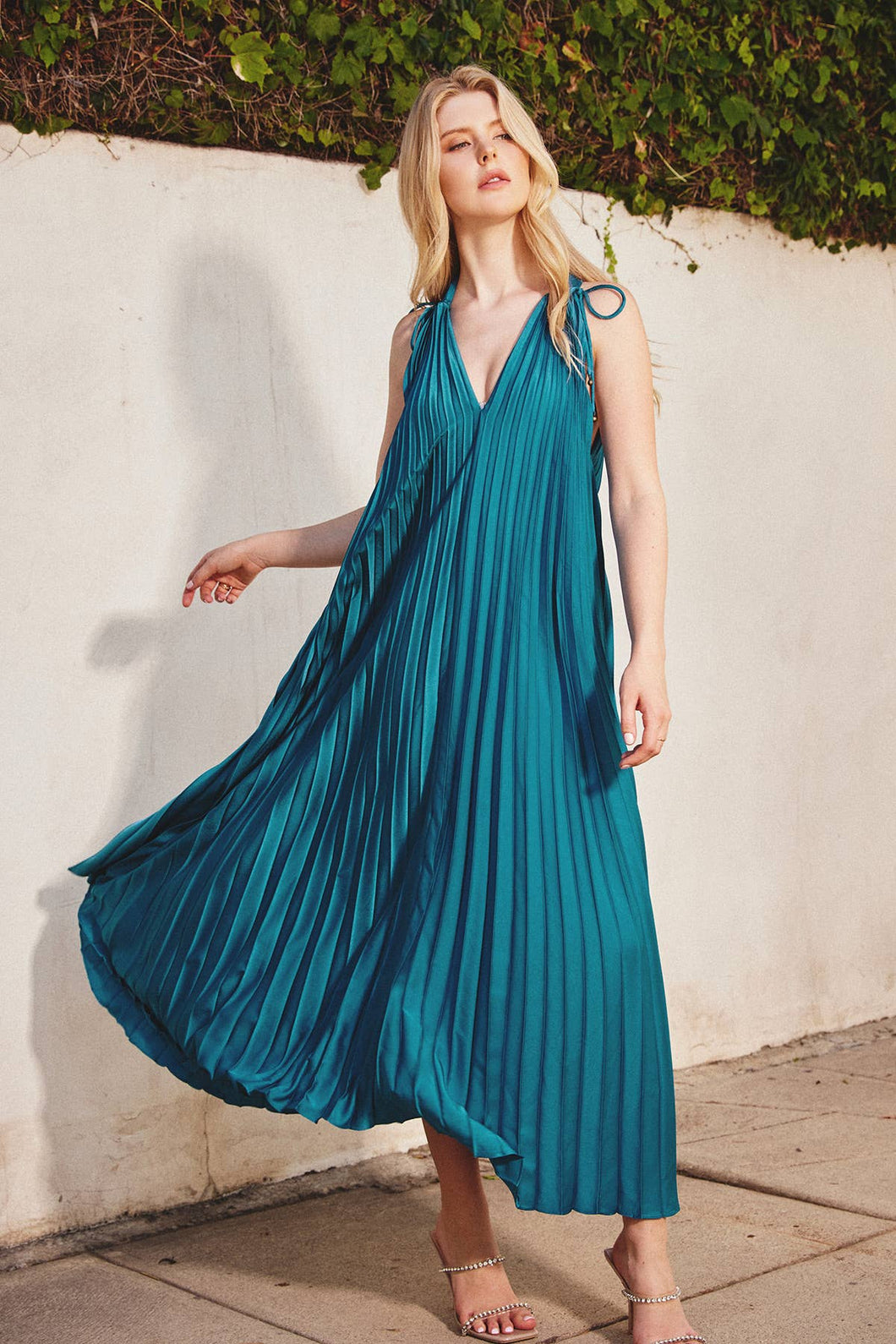 Mediterranean Blue Satin Pleated Maxi Dress
