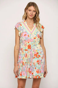Lace Trim Patchwork Print Dress