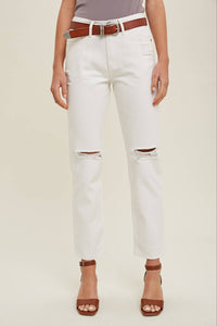 White Denim Ripped Straight Jeans