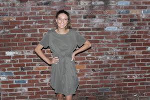 Olive Linen Tie Waist Dress