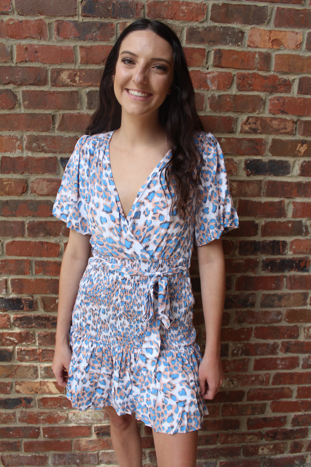 Blue Leopard Puff Sleeve Dress