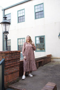 Taupe Long Sleeve Floral Maxi Dress