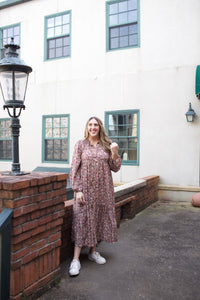 Taupe Long Sleeve Floral Maxi Dress