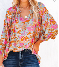 Load image into Gallery viewer, Blue Floral Ruched Sleeve Blouse
