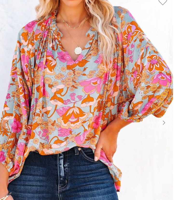 Blue Floral Ruched Sleeve Blouse