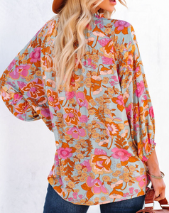 Blue Floral Ruched Sleeve Blouse