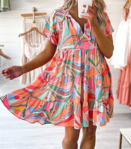 Pink Abstract Tiered Dress