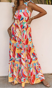 Abstract Print Trim Striped Maxi Dress