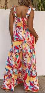 Abstract Print Trim Striped Maxi Dress