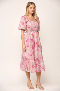 Pink Floral Square Neck Midi Dress