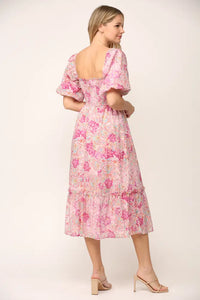 Pink Floral Square Neck Midi Dress