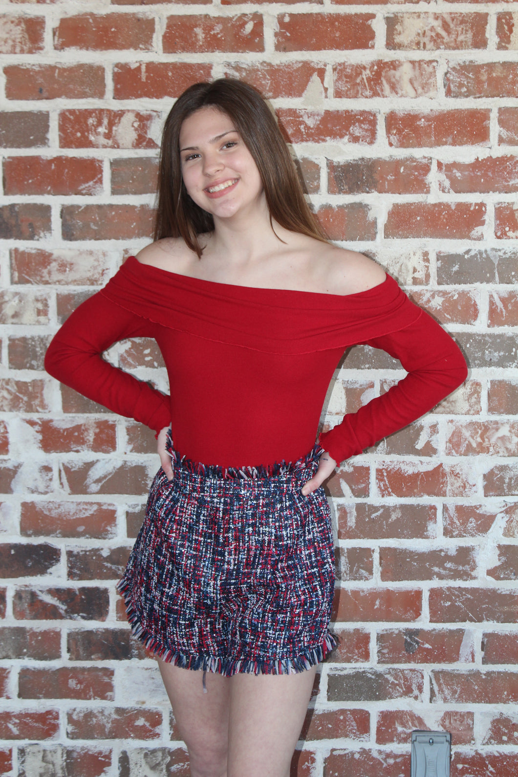 Red Off the Shoulder Wavy Hem Bodysuit