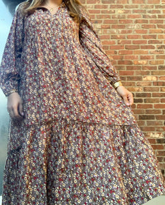 Taupe Long Sleeve Floral Maxi Dress