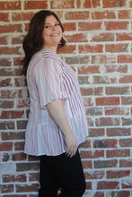 Load image into Gallery viewer, Pink Striped Button-Down Peplum Top Curvy
