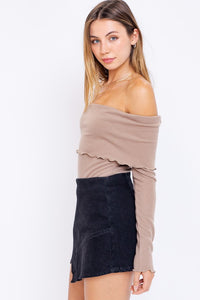 Mocha Off the Shoulder Wavy Hem Bodysuit